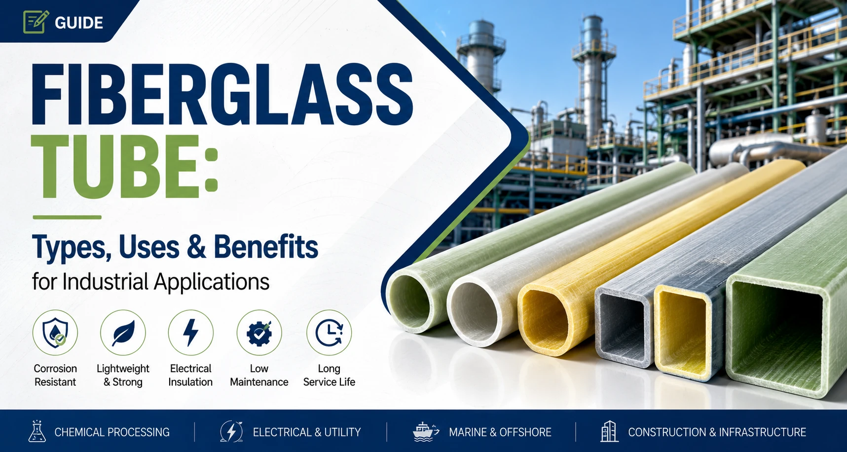 Fiberglass tube types for industrial applications including round, square, and rectangular FRP tubes used in chemical processing, marine, electrical, and construction industries