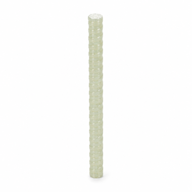 Vertical view of light green fiberglass rebar, corrosion-resistant composite reinforcement bar with ribbed surface, non-conductive FRP rebar for construction