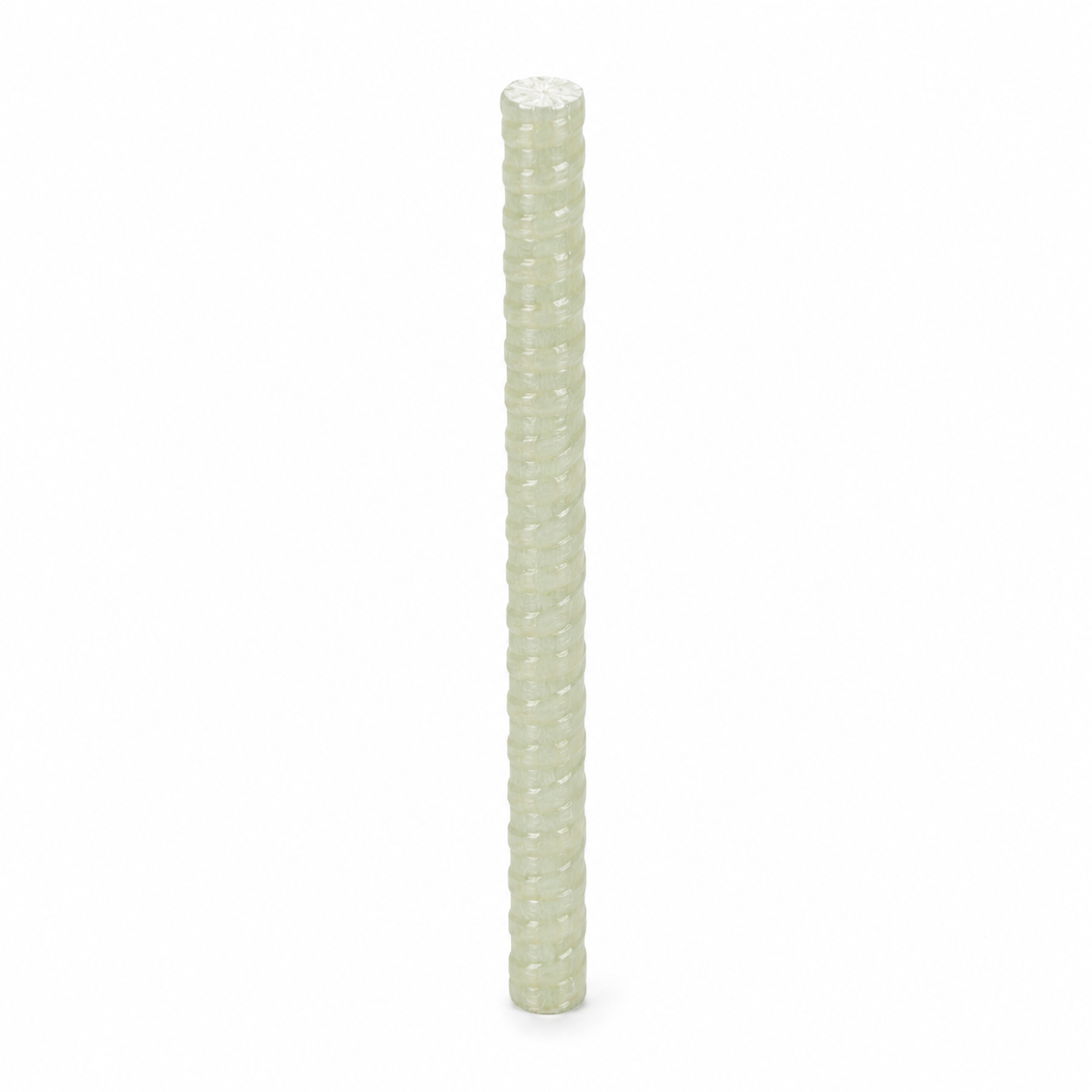 Vertical view of light green fiberglass rebar, corrosion-resistant composite reinforcement bar with ribbed surface, non-conductive FRP rebar for construction