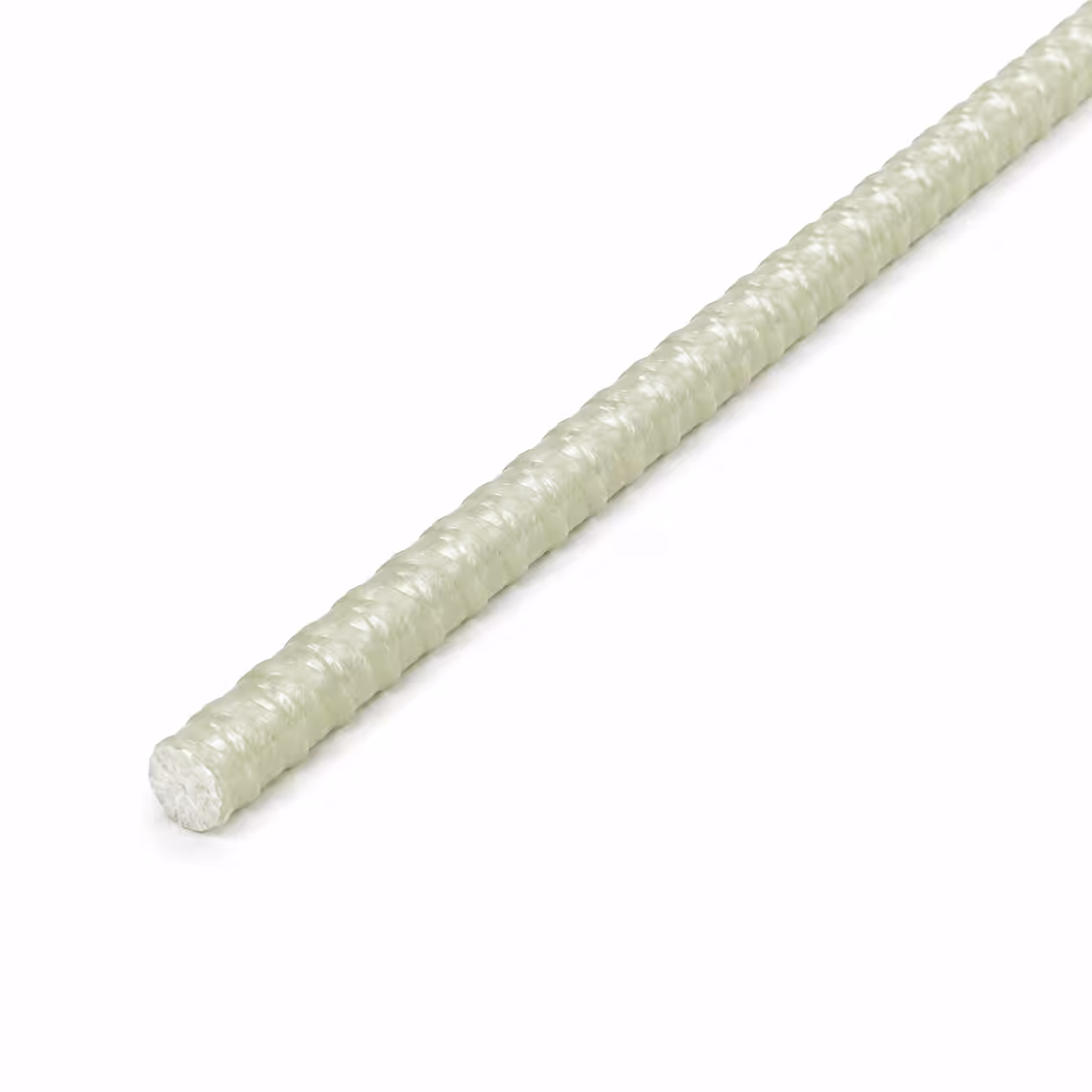 Diagonal view of light green GFRP rebar, ribbed fiberglass reinforced polymer rebar, lightweight composite rebar for concrete reinforcement
