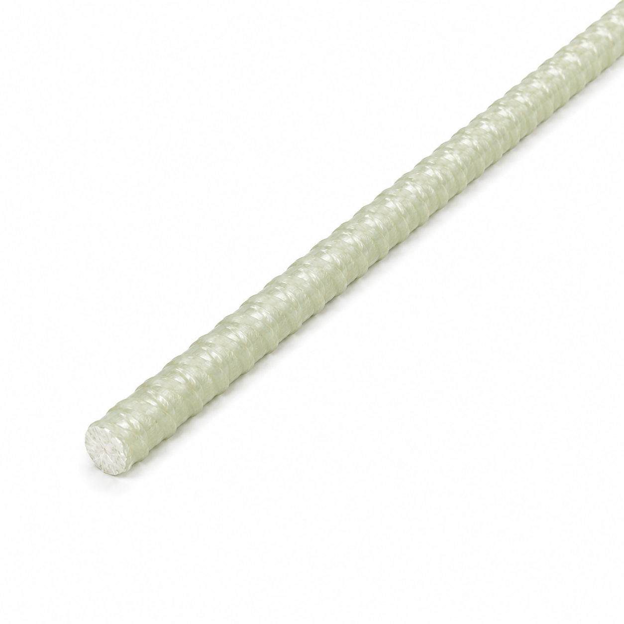 Diagonal view of light green GFRP rebar, ribbed fiberglass reinforced polymer rebar, lightweight composite rebar for concrete reinforcement