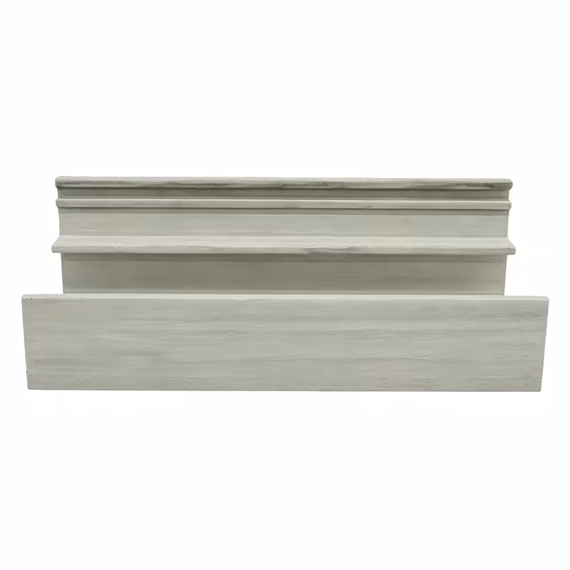 Light gray fiberglass reinforced plastic FRP pultruded profile, smooth finished multi-tiered structural trim, corrosion-resistant composite building material