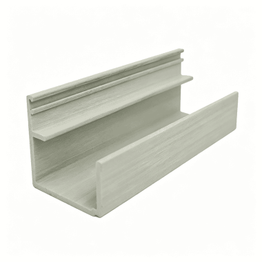 Light gray fiberglass reinforced plastic FRP pultruded profile, smooth finished multi-tiered structural trim, corrosion-resistant composite building material