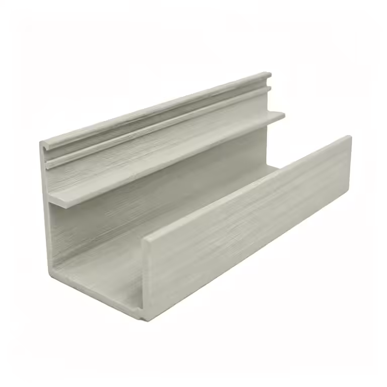 Light gray fiberglass reinforced plastic FRP pultruded profile, smooth finished multi-tiered structural trim, corrosion-resistant composite building material