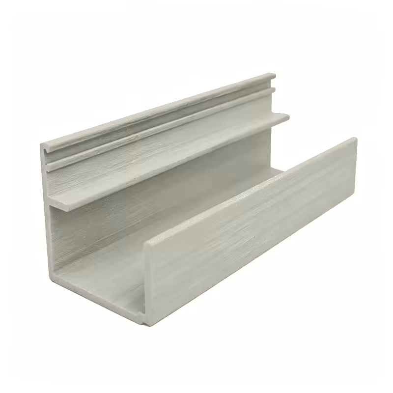 Light gray fiberglass reinforced plastic FRP pultruded profile, smooth finished multi-tiered structural trim, corrosion-resistant composite building material