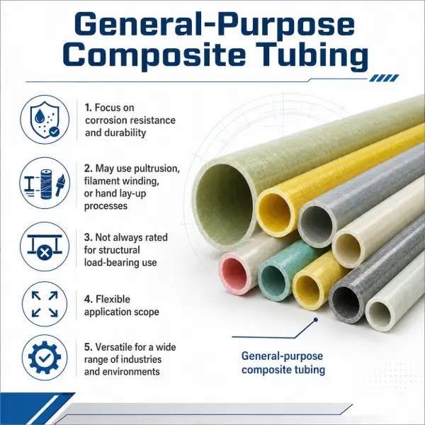 General-purpose composite tubing in multiple colors, featuring corrosion resistance, durable fiberglass construction, flexible manufacturing methods, and versatile industrial applications.