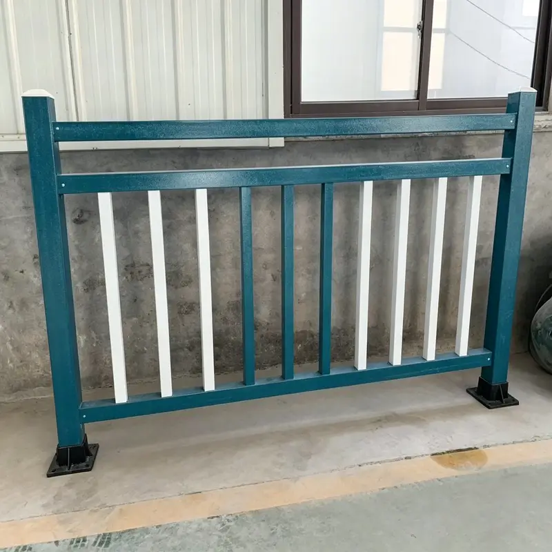 FRP flat bar guardrail with blue frame and white balusters, corrosion-resistant fiberglass fence for chemical plants, substations, and walkways