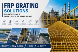 Infographie des solutions de caillebotis PRF Mingchi présentant les applications industrielles et d'infrastructure, les passerelles en fibre de verre anticorrosives et antidérapantes ainsi que des cas d'utilisation multi-secteurs