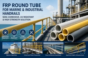 FRP Round Tube marine and industrial handrail system promotional banner showing corrosion-resistant fiberglass pipes used in shipbuilding, chemical plants, docks, marinas, and sports infrastructure, highlighting UV resistance, high strength, and lightweight structural applications.