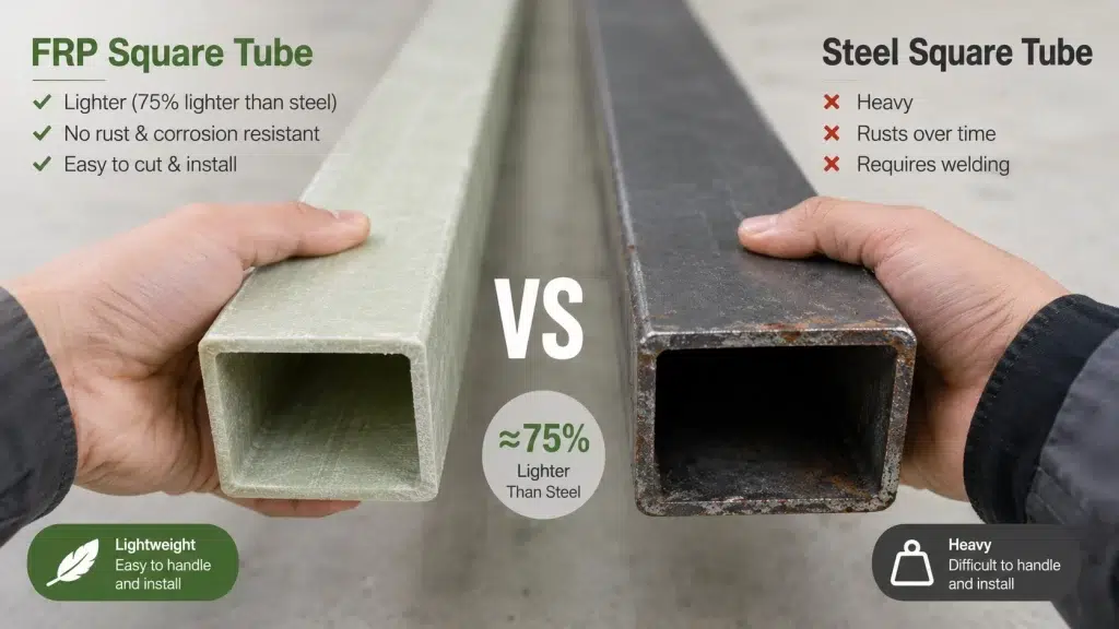 FRP square tube vs steel square tube comparison infographic, showing fiberglass is 75% lighter, corrosion-resistant and easier to install