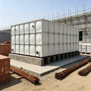 Assembled SMC FRP water tank at construction site with inlet outlet pipes, modular fiberglass water storage tank