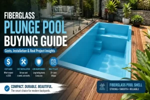 Fiberglass plunge pool shell installed in a modern backyard featured in a fiberglass pool buying guide with cost and installation insights
