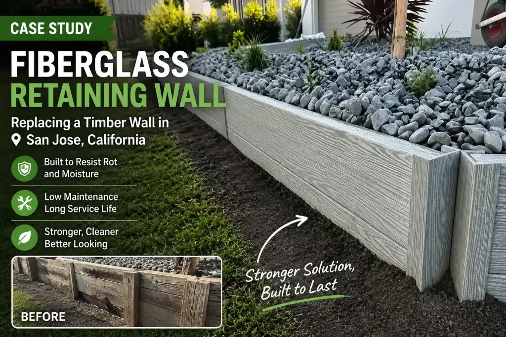 alt="Fiberglass retaining wall installed in a residential backyard renovation project in San Jose, California"