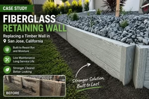 alt="Fiberglass retaining wall installed in a residential backyard renovation project in San Jose, California"