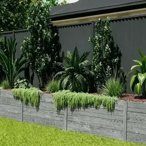 Wood look FRP retaining wall sleepers, composite fiberglass garden planter border with ornamental plants backdrop