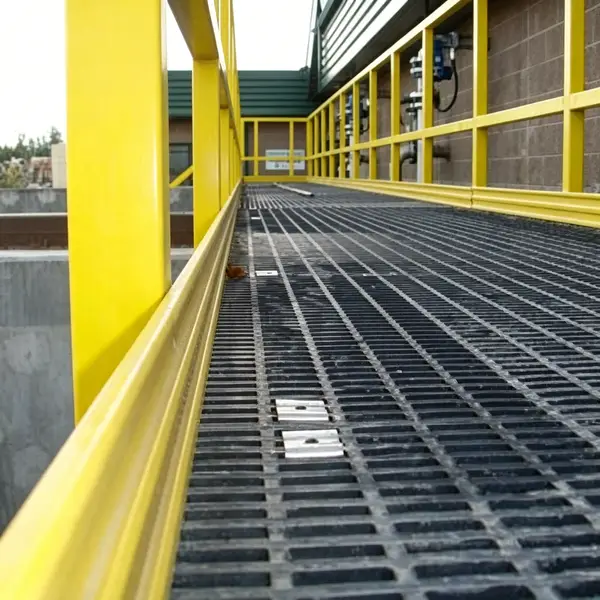 Anti-slip galvanized steel bar grating platform with yellow FRP safety railing, outdoor factory maintenance walkway metal floor grating