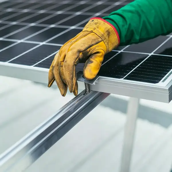 Worker installing solar panel on FRP mounting bracket, fiberglass structural support for photovoltaic systems