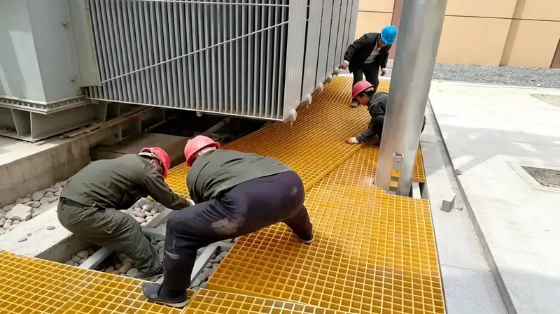 Workers installing yellow FRP fiberglass grating around power transformer at substation