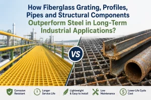 Fiberglass grating, FRP structural profiles, fiberglass pipes and structural components compared with rusted steel in an industrial plant, highlighting corrosion resistance and long-term durability.