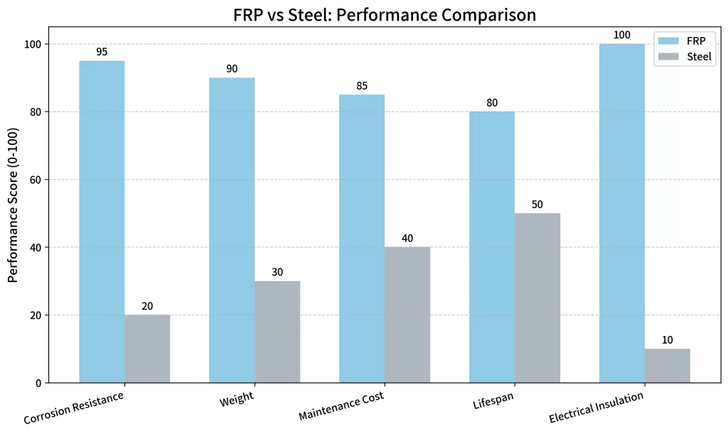 FRP vs steel performance comparison chart, fiberglass reinforced plastic vs carbon steel key property scores for industrial and power applications
