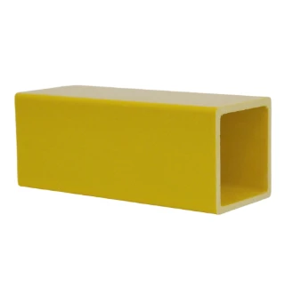 Yellow pultruded FRP square tube structural profile on a white background