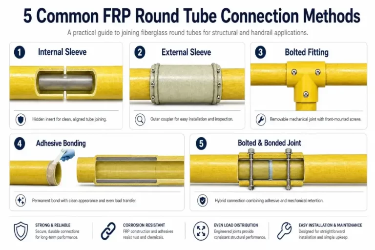 Five FRP round tube connection methods: internal sleeve, external sleeve, bolted fitting, adhesive bonding, and bolted-and-bonded joint