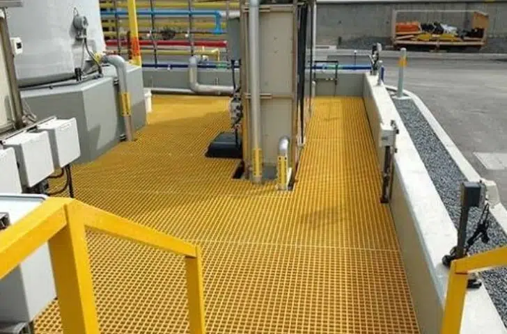 Yellow FRP grating platform and staircase with safety handrails