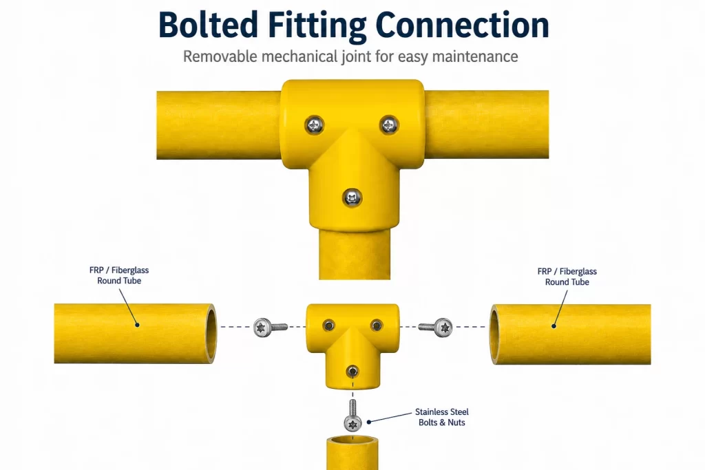 Bolted T-shaped fitting connecting three FRP round tubes with front-mounted screws