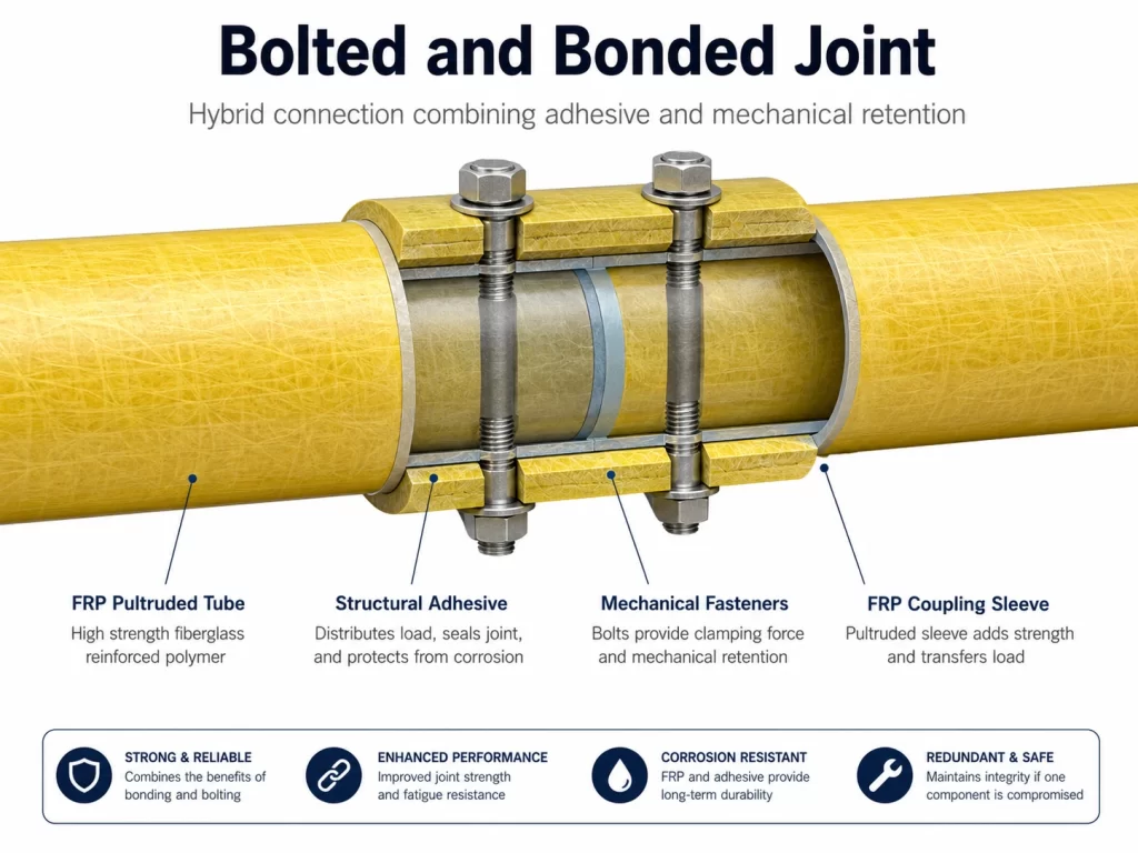 Hybrid bolted and bonded joint connecting FRP round tubes with adhesive and mechanical fasteners