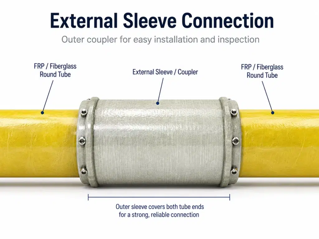 External sleeve coupler connecting two fiberglass round tubes