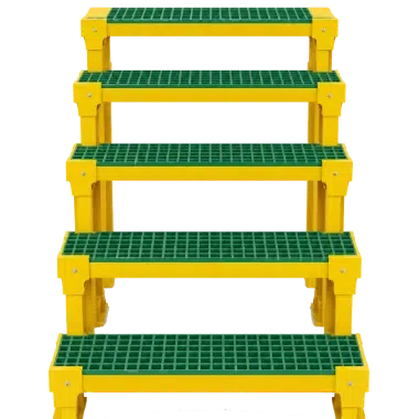 Yellow FRP stair treads with green anti-slip grating surfaces