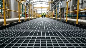 Fiberglass grating replacing steel in industrial chemical plant