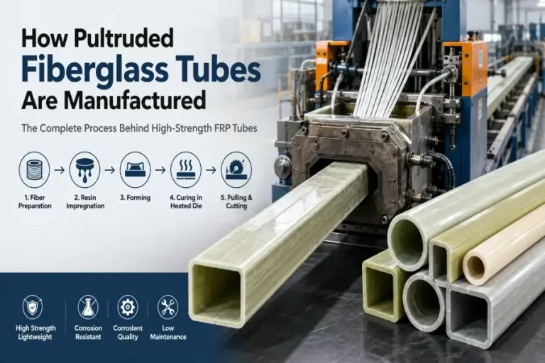 Pultruded fiberglass tube manufacturing process using an FRP pultrusion machine in a modern production facility