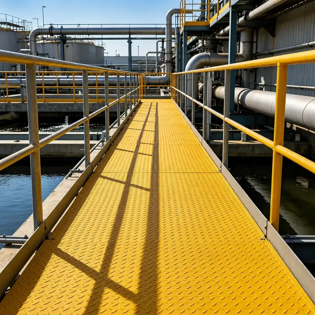 Yellow FRP grating walkway with FRP handrails