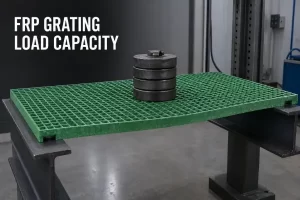 Green molded FRP grating load capacity test with weights placed between steel supports.