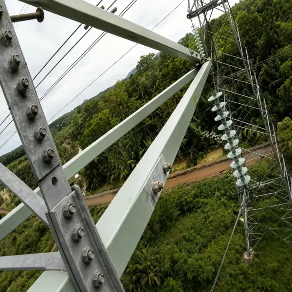 Close‑up view of FRP structural beams on high‑voltage transmission tower with insulators, forest landscape background
