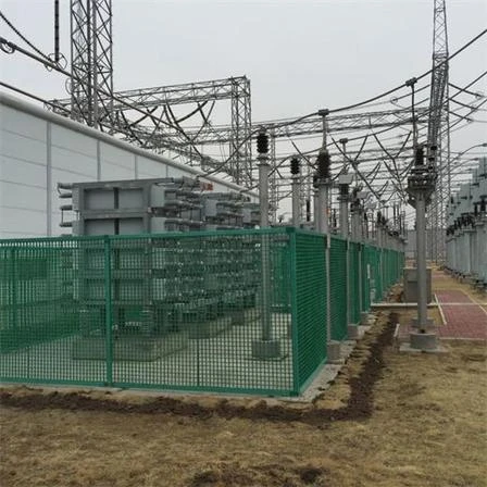 Green FRP safety fencing for high‑voltage electrical substation, power equipment and steel frameworks in background