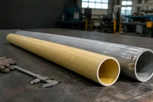 FRP round tube and galvanized steel tube comparison on an industrial workshop table