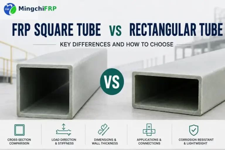 FRP square tube vs rectangular tube comparison showing cross-sections, load direction, wall thickness and structural applications