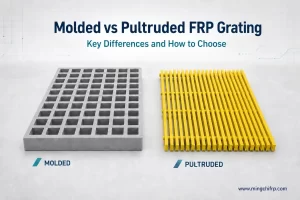 Molded vs pultruded FRP grating comparison showing gray square mesh molded grating and yellow pultruded bar grating