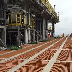 Offshore platform deck with anti-slip FRP grating