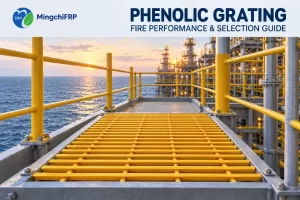 Yellow phenolic FRP grating installed on an offshore platform walkway