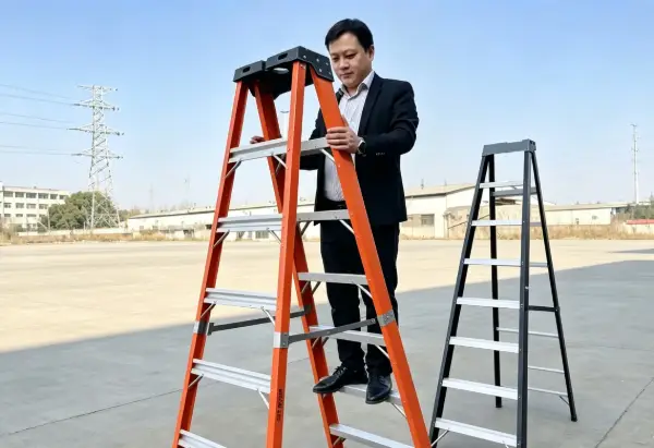 FRP ladder with fiberglass side rails for electrical maintenance