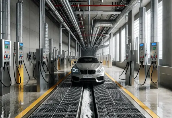 FRP grating floor installed in an industrial car wash