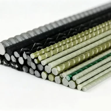 Vertical view of light green fiberglass rebar, corrosion-resistant composite reinforcement bar with ribbed surface, non-conductive FRP rebar for construction