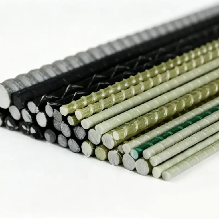 Vertical view of light green fiberglass rebar, corrosion-resistant composite reinforcement bar with ribbed surface, non-conductive FRP rebar for construction